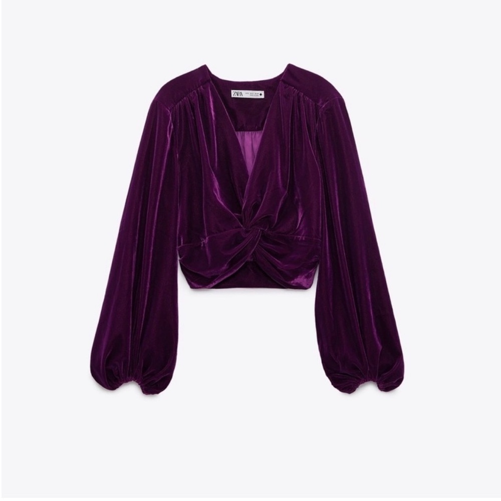 Zara Deep Purple Velvet Twist-Front Balloon-Sleeve Top